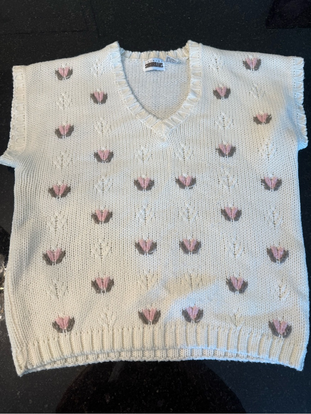 Women’s Cream Knit V-Neck Sweater with Pink Floral Motif